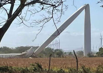 Viento dobla torre de aerogenerador en parque eólico del Istmo de Oaxaca