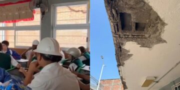 Alumnos portan cascos en clases; temen que colapse techo de telesecundaria en Morelos